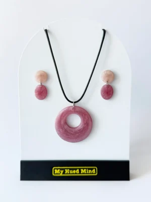 Blush pink handcrafted resin jewellery set with matching necklace and earrings in glossy finish made in Portugal