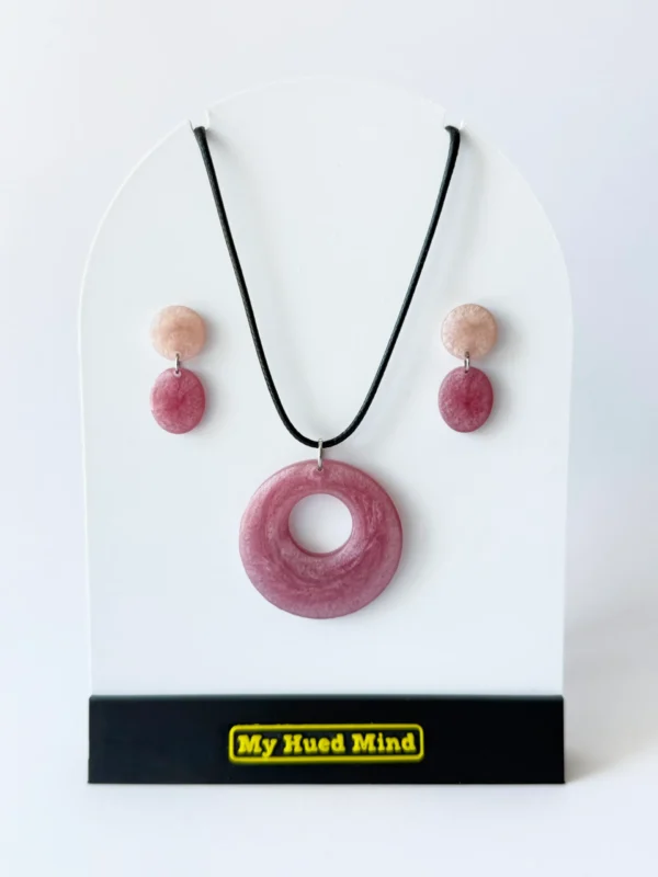 Blush pink handcrafted resin jewellery set with matching necklace and earrings in glossy finish made in Portugal