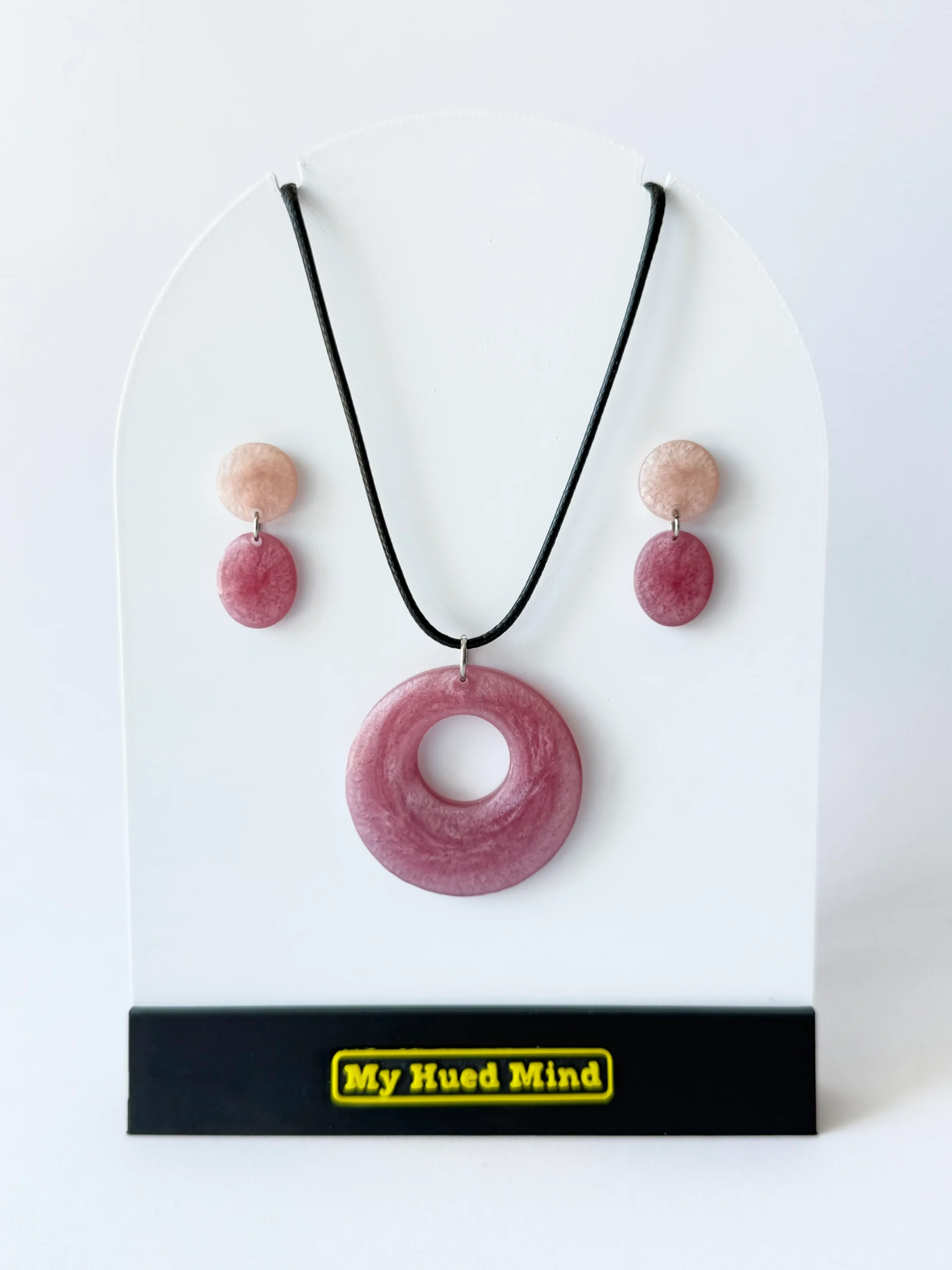 Blush pink handcrafted resin jewellery set with matching necklace and earrings in glossy finish made in Portugal