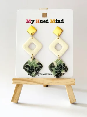 Geometric Triple-Tier Earrings in Gold, Ivory & Botanical Green – Polymer Clay & Resin Finish