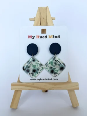Navy Blue & Floral Diamond-Shaped Polymer Clay Statement Earrings with Resin Finish