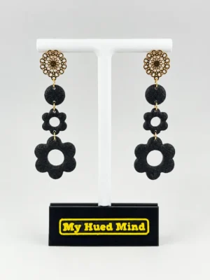 Midnight Bloom Polymer Clay Dangle Earrings – Handmade Floral Statement Earrings with Gold Filigree Accent