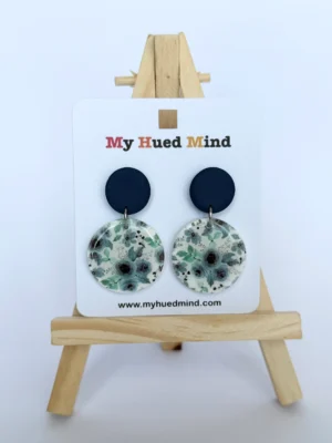 Navy Blue & Floral Round Polymer Clay Statement Earrings with Glossy Resin Finish