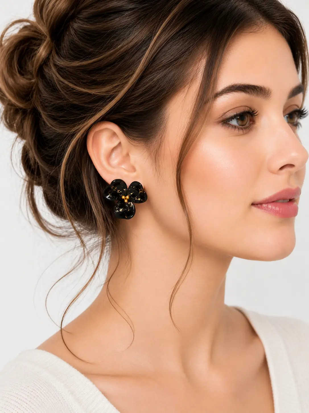 Black Blossom Earrings with Gold Leaf Details