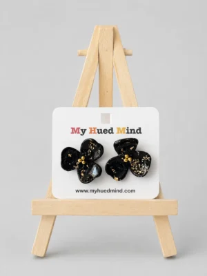 Black Blossom Earrings with Gold Leaf Details
