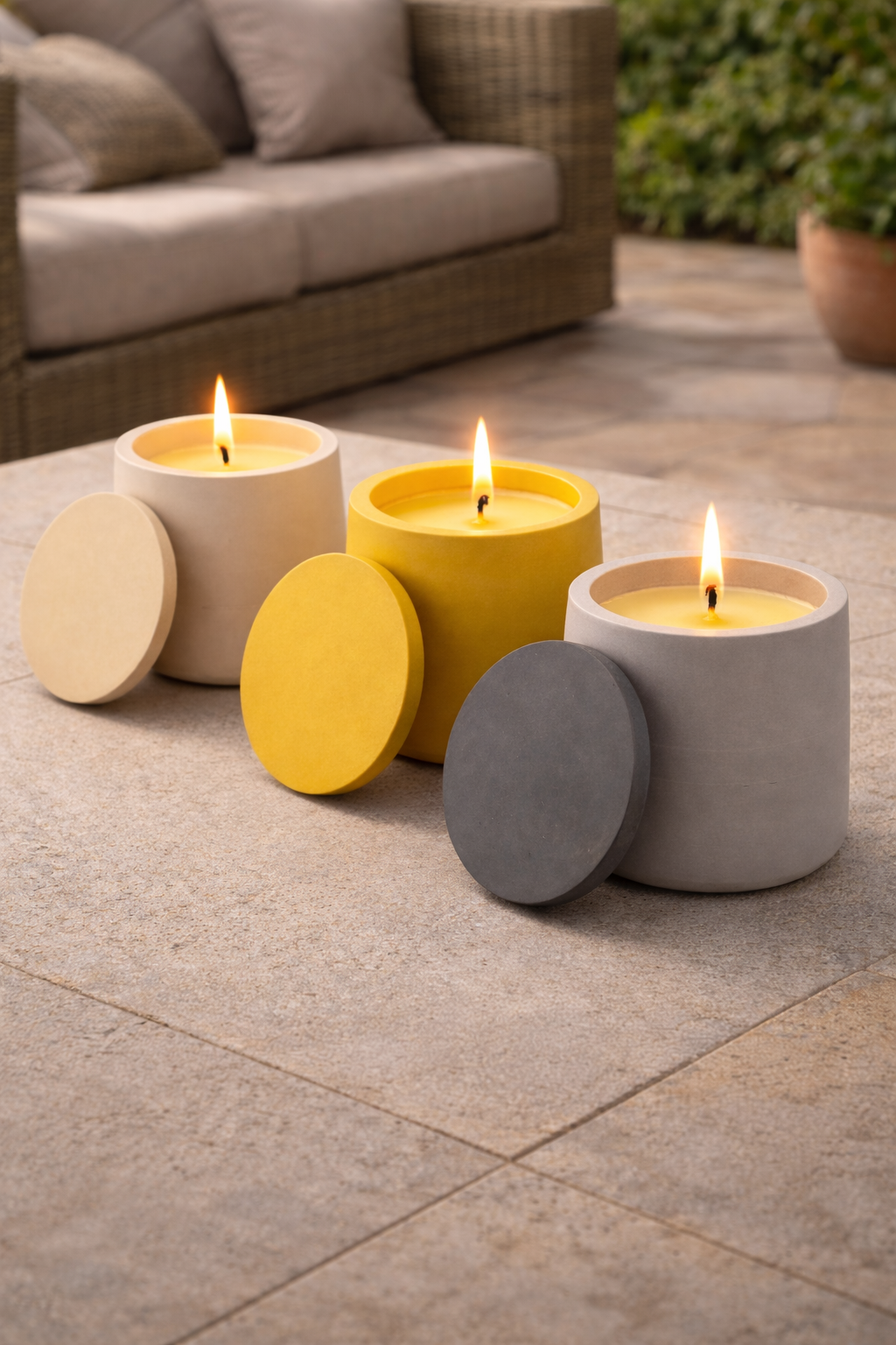 Colourful candles on stone patio