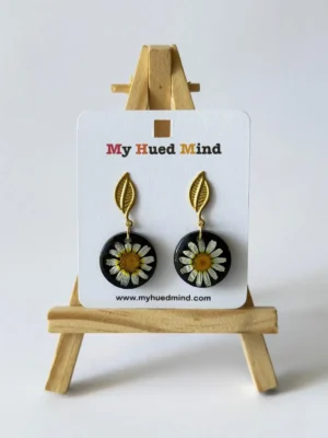 Resin Dangle Earrings with Real Dried White Daisy Wildflower