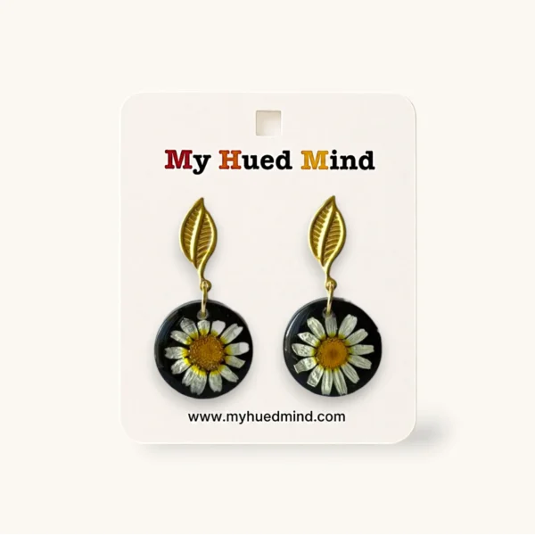 Resin Dangle Earrings with Real Dried White Daisy Wildflower